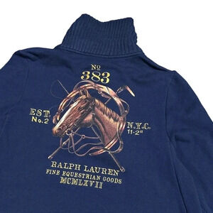 Ralph Lauren Equestrian Horse Blue  383 Big Pony Toggle Fleece Sweater Womens M